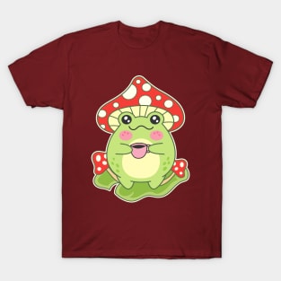 Mashroom-Headed Frog With Coffee Cup Kawaii Toad T-Shirt